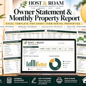 May include: An editable Excel workbook template for short-term rental properties titled Host & Roam Owner Statement & Monthly Property Report. The digital display shows financial data, revenue trackers, expense summaries, and performance charts.