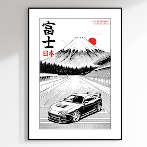 Peut inclure: Une affiche en noir et blanc représentant une voiture de sport sur un circuit avec le mont Fuji en arrière-plan. Le texte indique Fuji Speedway Shizuoka Japan et des caractères japonais. Un cercle rouge figure le soleil.