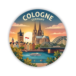May include: A circular sticker featuring a stylised illustration of the Cologne Cathedral, the Hohenzollern Bridge, and the Rhine River at sunset. The text COLOGNE GERMANY is printed at the top. A boat travels on the water, and foliage is in the foreground.