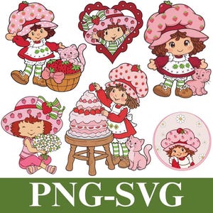 Puede incluir: Una colección de ilustraciones digitales que presenta a un personaje de cabello castaño con un sombrero con estampado de fresas, un vestido rojo y medias a rayas verdes, acompañado de un gato rosa, una cesta de fresas, un pastel y flores.