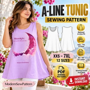 Könnte beinhalten: Ein lavendelfarbenes A-Linien-Tunika-Schnittmuster mit einem Aquarell-Mondgrafik-Motiv und dem Text Moonlight I have power stand on me sowie ModernSewPattern. Enthält technische Zeichnungen, Größen XXS-7XL und eine PDF-Nähanleitung.