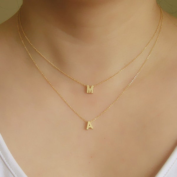 Double initial necklace, Gold layered initial necklace, Two initial necklace, Layered letter necklace, Two strands initial layered necklace