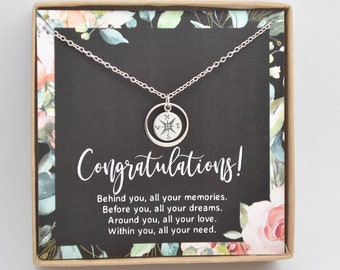 Graduation gift necklace-Tiny compass necklace with ring-High school graduation-New job gift-Inspiration jewelry-Back to school necklace