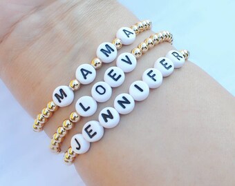 Gold filled beaded bracelet, Name bracelet, Mama bracelet, Baby name bracelet, New mom gift, Personalized gold bracelet for bridesmaid gift