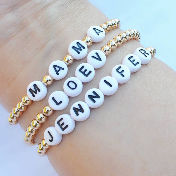 Gold filled beaded bracelet, Name bracelet, Mama bracelet, Baby name bracelet, New mom gift, Personalized gold bracelet for bridesmaid gift