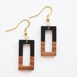 Black wood rectangle earrings, Resin wood dangle earrings, Wood bar earrings, Matte black Bohemian earrings