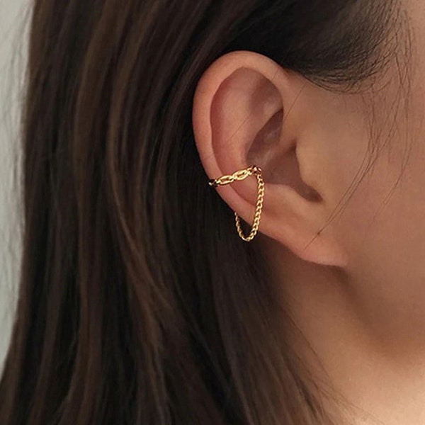 Gold chain tassel ear cuff for women-Dainty punk ear clip with long tassel-Party ear cuff for girl, Minimalist ear cuff