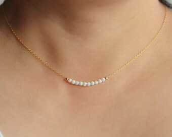 White opal beaded necklace, Dainty opal choker, Blue tiny opal necklace, Opal necklace jewelry, Minimalist opal necklace, White opal choker