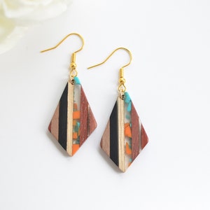 Geometric wood earrings, Vertical color stack striped wood earrings, Bohemian earrings, Long wood earrings, Wood diamond dangle earrings