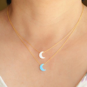 Tiny opal moon necklace, White opal moon necklace, Gold layered moon choker, Blue opal moon choker, Natural lover jewelry necklace