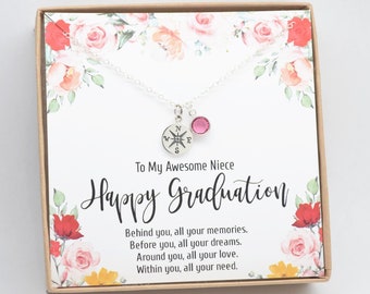 Personalized niece graduation gift-Tiny compass birthstone necklace-Graduation gift necklace-School necklace-Happy graduation necklace