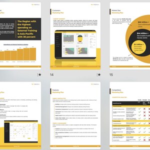 Könnte beinhalten: Ein sechseitiges Businessplan-Dokument mit dem Titel Marketing Plan, das Diagramme, Datenvisualisierungen und Tabellen enthält. Die Seiten umfassen Abschnitte zu Markt, Kunden, Marktgröße, Funktionen und Wettbewerbern, alle in einem gelb-schwarzen Farbschema.