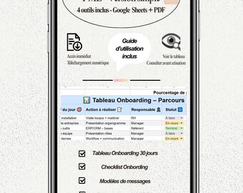 Pack Onboarding PME – Tableau 30 jours + Checklist + Messages + Fiche de poste + Guide (PDF + Google Sheets)