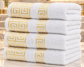 Set di 4 asciugamani di lusso, 100% cotone con motivo a greca, 600 GSM, morbidi al tatto, con bordo dorato, per il bagno, 48 x 89 cm.