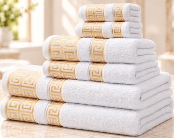 Juego de toallas de algodón de 6 piezas con diseño de greca griega, toallas de baño de lujo de 600 g/m².