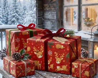 Schattig cadeaupapier met rendieren, feestelijk rood kerstpapier, feestartikelen voor kerstcadeaus, leuk kerstboom-cadeaupapier