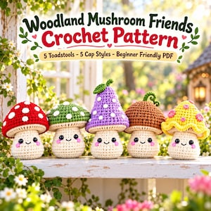 May include: A digital crochet pattern titled Woodland Mushroom Friends featuring 5 toadstools and 5 cap styles. The image displays five crocheted mushrooms with smiling faces, pink cheeks, and white spots in red, green, purple, brown, and yellow.