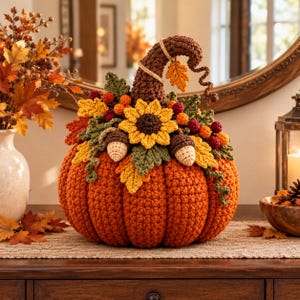 May include: A crocheted orange pumpkin featuring a tall, curved brown stem. The top is decorated with a yellow sunflower, green leaves, small red and orange berries, and two light-colored acorns with brown caps, all crafted from yarn.