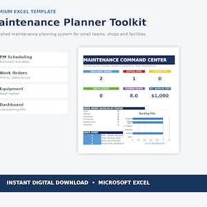May include: A digital Maintenance Planner Toolkit Excel template featuring a Maintenance Command Center dashboard with data tables, a backlog mix bar chart, and a quick start guide. The interface displays metrics for open work orders, critical tasks, planned hours, and estimated costs.