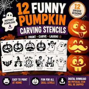 May include: A collection of 12 funny pumpkin carving stencils featuring black and white designs on white cards. The set includes illustrations of ghosts, a skeleton, a bat, and various pumpkin faces with text like Oh My Gourd and Here For The Boos.