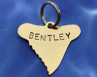 Shark Tooth Pet ID Tag- Handmade - Copper Nickel or Brass - Personalize - Unique Shark Tooth Surfer Dog Tag