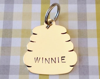 Beehive Pet ID Tag- Handmade - Copper or Brass - Personalize - Unique Honeybee Hive ID Tag