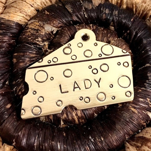 Cheese Wedge Pet Identification Tag Personalized Handmade Customized Brass Copper Silver Tone