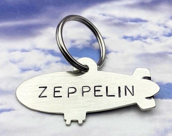 Zeppelin Pet ID Tag- Handmade - Nickel, Copper, or Brass - Personalize - Unique Blimp Dog Tag Keychain