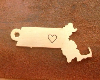 Massachusetts State Keychain- One Heart Over Your City -  Handmade - Hand Stamped