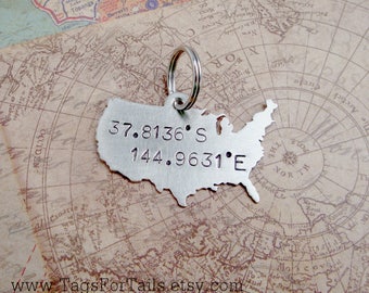 USA Key Chain with GPS Coordinates and hearts or Stars-  Handmade - customized