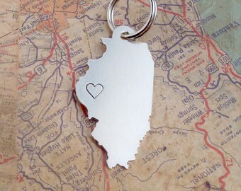 Illinois State Key Chain- One Heart Over Your City -  Handmade - Personalized