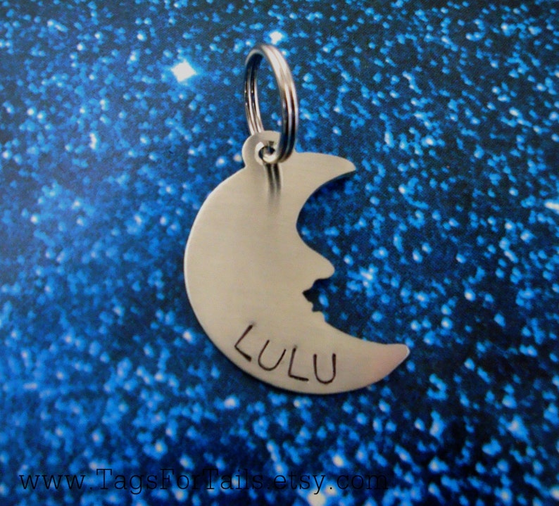 Unique Moon Dog Tag Personalize Crescent Moon Pet ID Tag- Handmade Copper Nickel or Brass