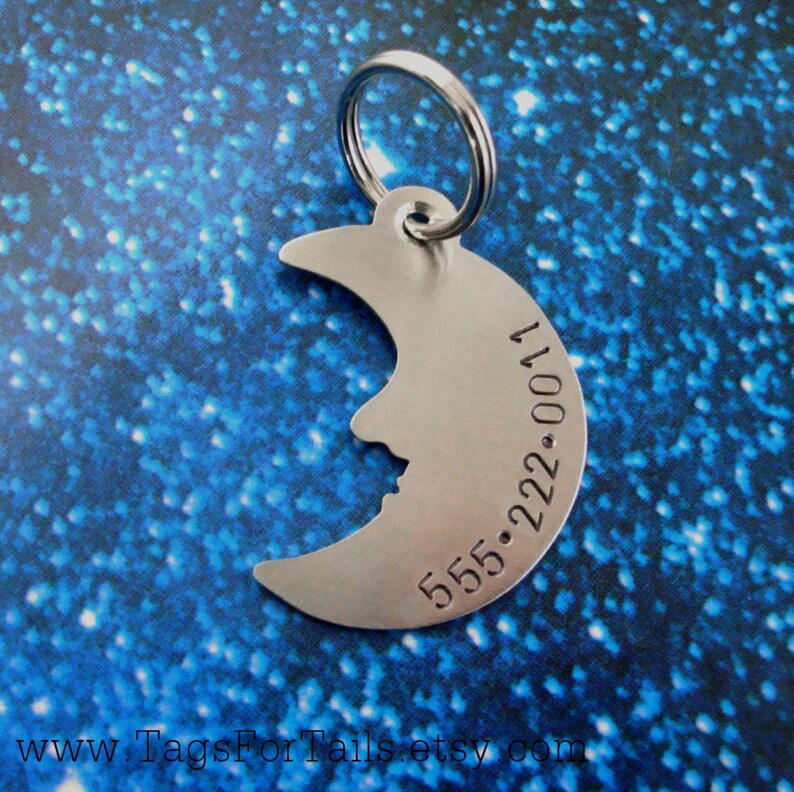 Unique Moon Dog Tag Personalize Crescent Moon Pet ID Tag- Handmade Copper Nickel or Brass