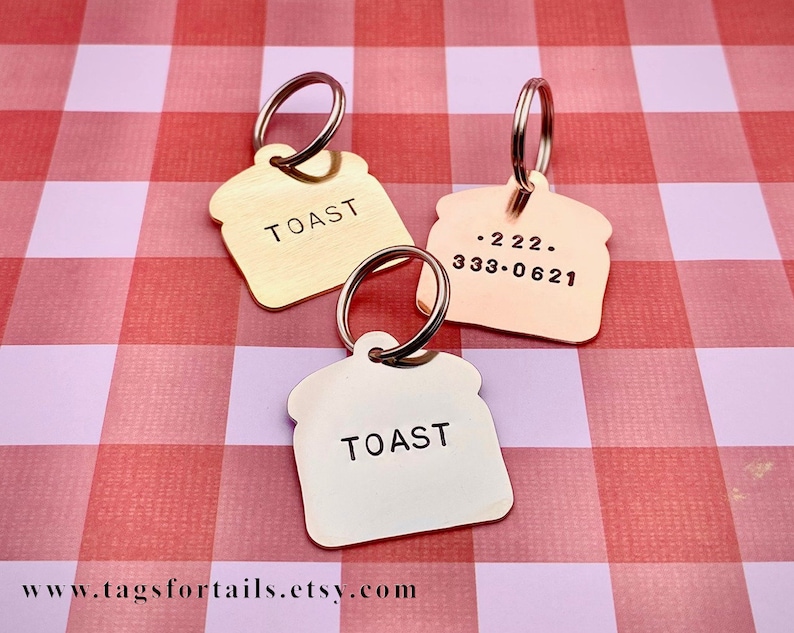 Bread Slice Pet ID Tag Handmade Nickel Copper or Brass Personalize Unique Dog Tag image 2