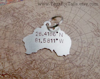 Australia Country Key Chain with GPS Coordinates and hearts or Stars-  Handmade - customized