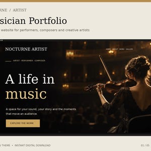 May include: A digital website template for a musician portfolio titled Nocturne Artist. The layout features a dark background with a photograph of a violinist, the text A life in music, and a gold button labeled Explore the work.