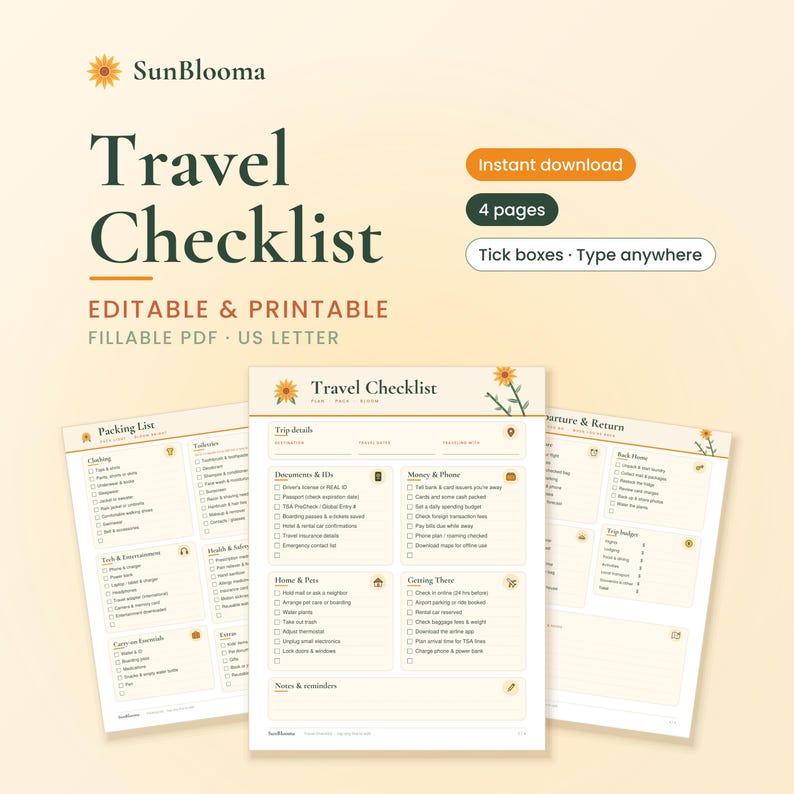 Packing List Layout.pdf Printable Travel Checklist, Editable Packing List PDF, Fillable ...