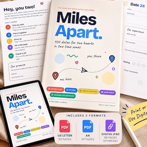 以下が含まれることがあります： Miles Apart, 100 dates for two hearts in two time zonesというタイトルの印刷可能なジャーナル。表紙には、me, hereとyou, thereとラベル付けされた2つの地図ピンの間の点線のパスが描かれています。説明書、日付ページ、US Letter、A4、デジタルiPadの3つの形式が含まれています。