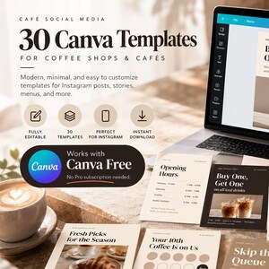 Cafe Instagram Templates Canva, 30 Coffee Shop Social Media Posts, Editable Carousels, Minimal Neutral