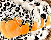 pumpkin door hanger with happy fall y 39 all or give thanks personalized double pumpkin handlettered leopard polka dot gingham