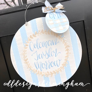 Baby boy Hospital door hanger gingham stripes hand lettering hand painted custom initials name