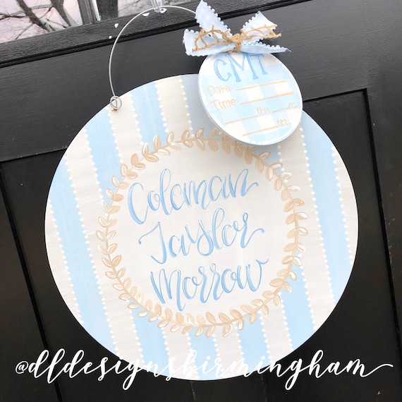 Baby Boy Hospital Door Hanger Gingham Stripes Hand Lettering Etsy