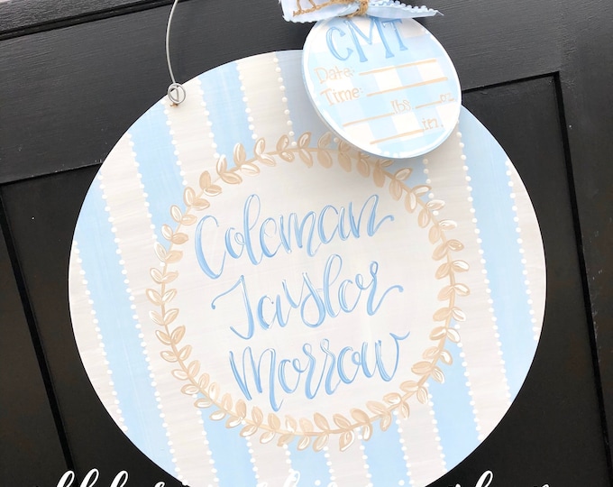 Featured listing image: Baby boy Hospital door hanger gingham stripes hand lettering hand painted custom initials name