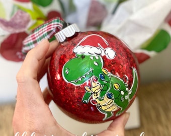 Dinosaur tangled in lights christmas ornament glitter  hand painted custom personalized