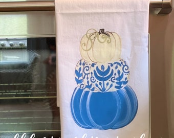 Blue and white pumpkin flour sack tea towel fall thanksgiving