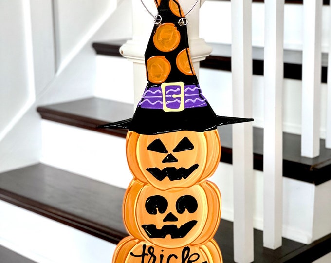 Featured listing image: Jack o lantern Halloween Door hanger Trick or Treat happy halloween hand lettered hand painted