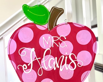 Apple teacher door hanger hand lettered apple polka dots classroom decor