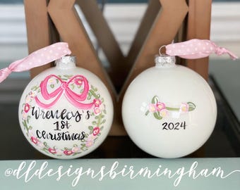First christmas ornament glass hand painted greenery floral classic