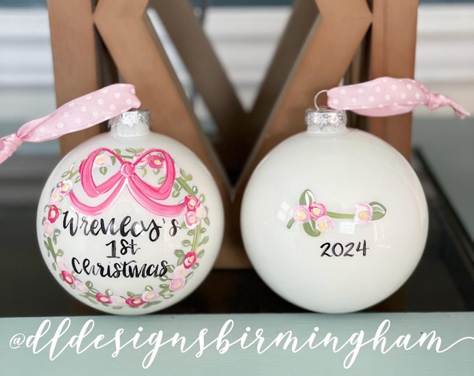 Featured listing image: First christmas ornament glass hand painted greenery floral classic