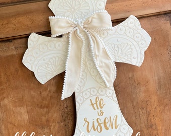 Easter cross lace he is risen hand painted hand lettered